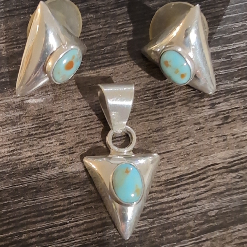 Artisan Turquoise and Silver Triangle Pendant with Clip-On Earrings